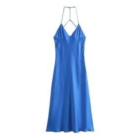 Spring New Women's Wear Temperament Slim Fit Open Back Silk Satin Texture Solid Color Hanging Strap Dress