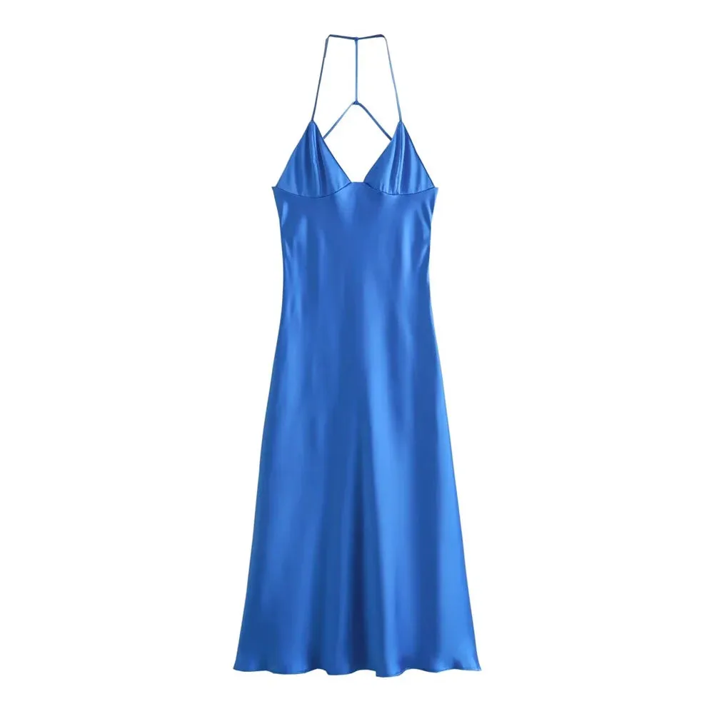 Spring New Women's Wear Temperament Slim Fit Open Back Silk Satin Texture Solid Color Hanging Strap Dress