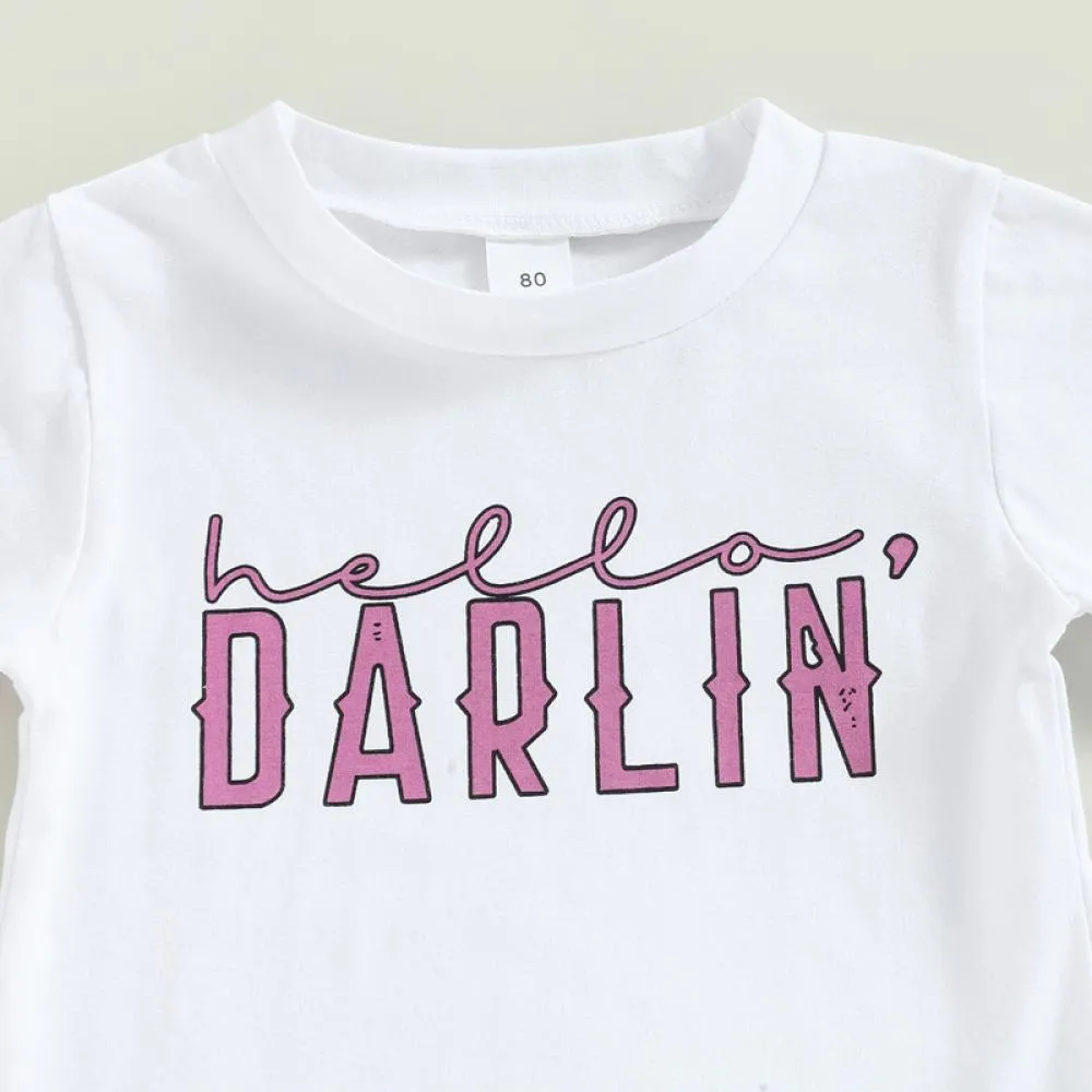 Summer Cartoon Cow Head Printed Flared Pants Girls T-shirt Short Sleeve Set Wholesale