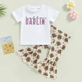 Summer Cartoon Cow Head Printed Flared Pants Girls T-shirt Short Sleeve Set Wholesale
