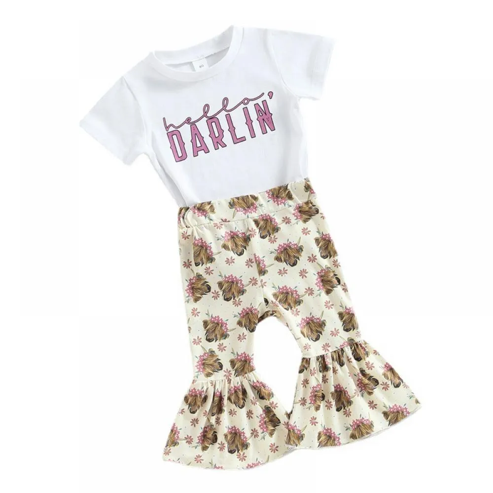 Summer Cartoon Cow Head Printed Flared Pants Girls T-shirt Short Sleeve Set Wholesale
