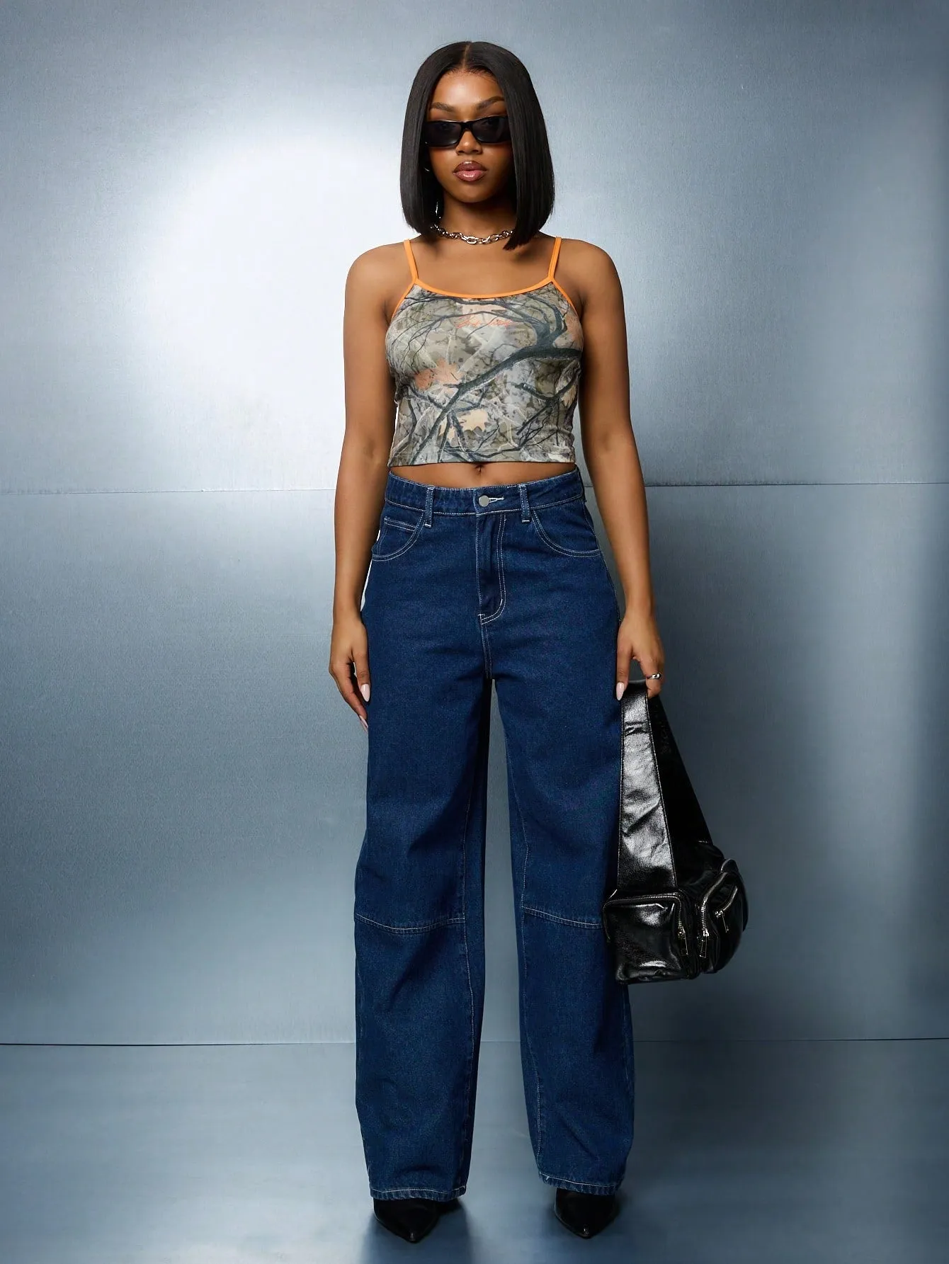 SUMWON WOMEN AOP Contrast Binding Strap Cami Crop Tee