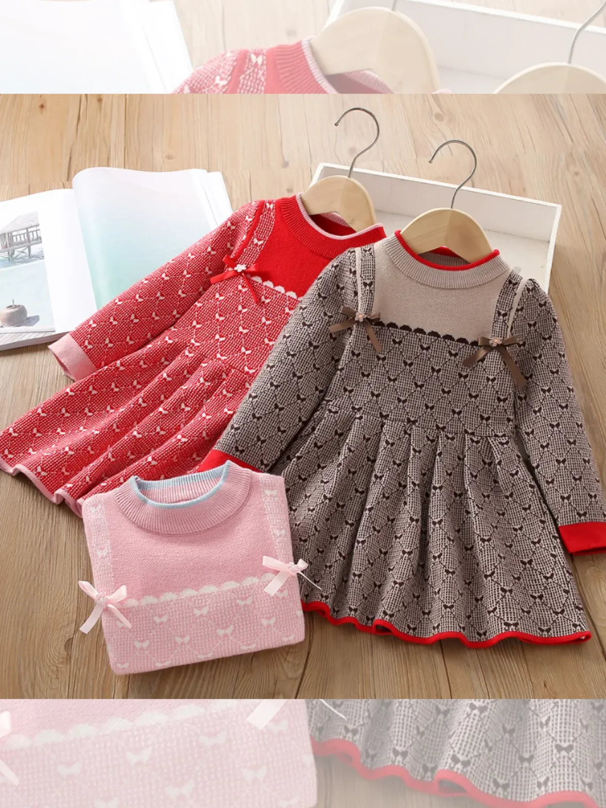 Sweet Heart Patterned Girls' Knit Dress with Bow Details
