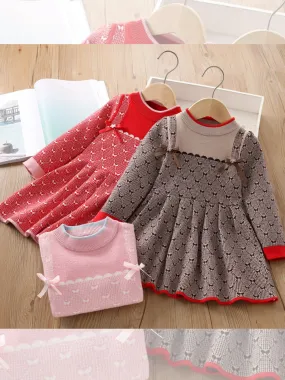 Sweet Heart Patterned Girls' Knit Dress with Bow Details