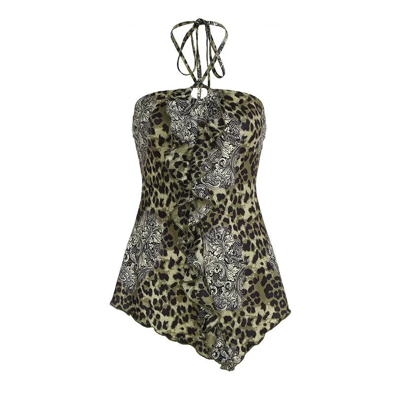 TAVIMART  -   cybergoth dress to impress Leopard Print Halter Strap Vest Sexy Backless Ruffled Mid-Length Camisole Top