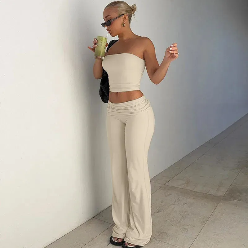 TAVIMART  -  Simple Casual Solid Slim Fit Trousers Set Sexy Spic Girl Backless Strapless Top High Waist Flared Pants Fashion Suit