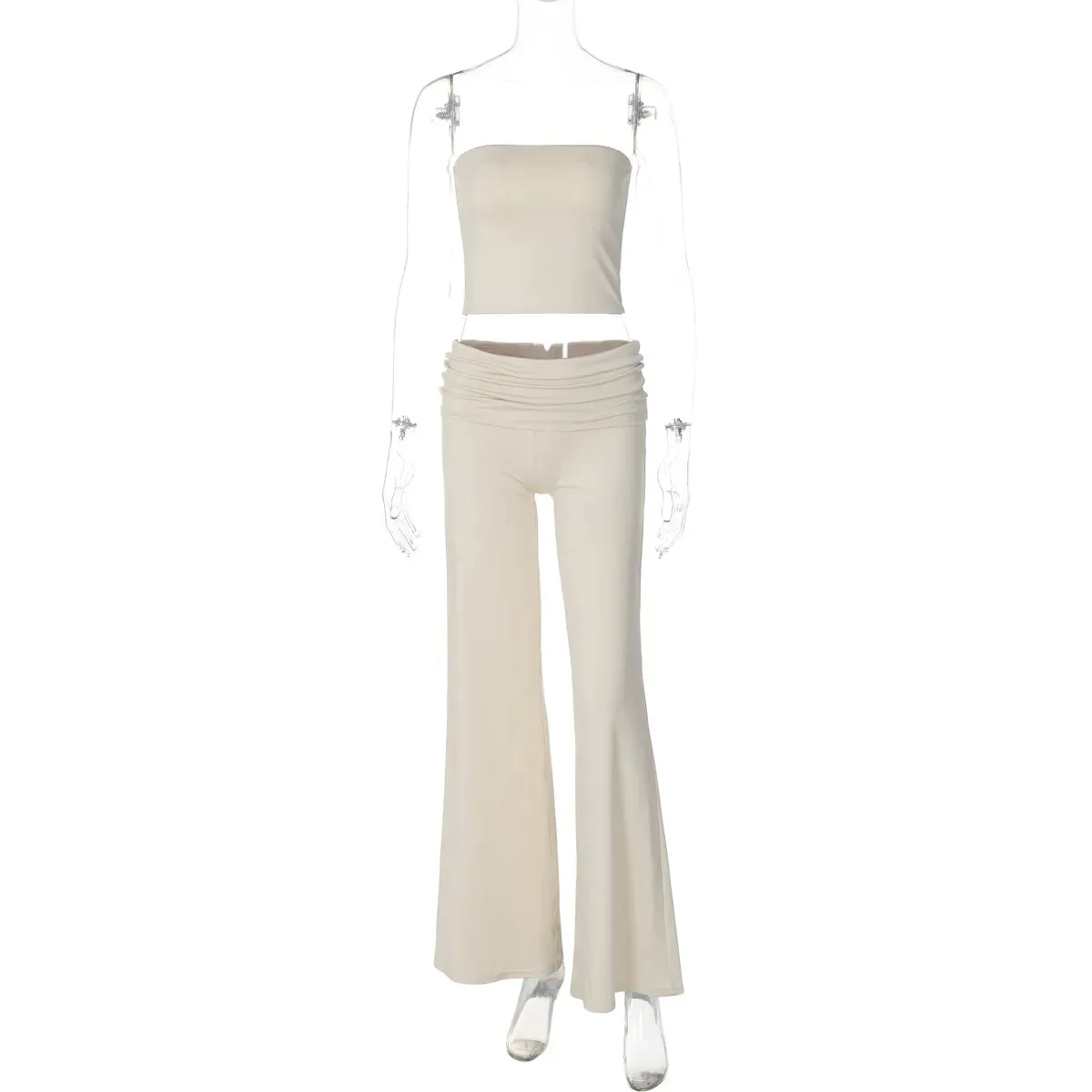 TAVIMART  -  Simple Casual Solid Slim Fit Trousers Set Sexy Spic Girl Backless Strapless Top High Waist Flared Pants Fashion Suit
