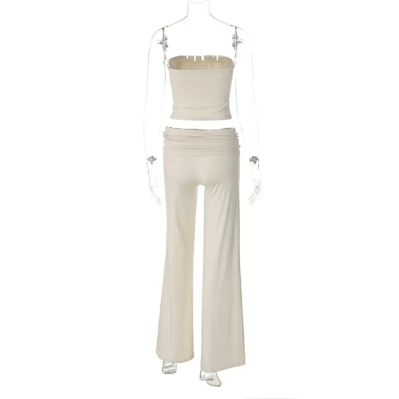 TAVIMART  -  Simple Casual Solid Slim Fit Trousers Set Sexy Spic Girl Backless Strapless Top High Waist Flared Pants Fashion Suit