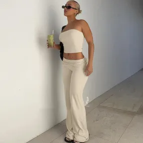 TAVIMART  -  Simple Casual Solid Slim Fit Trousers Set Sexy Spic Girl Backless Strapless Top High Waist Flared Pants Fashion Suit
