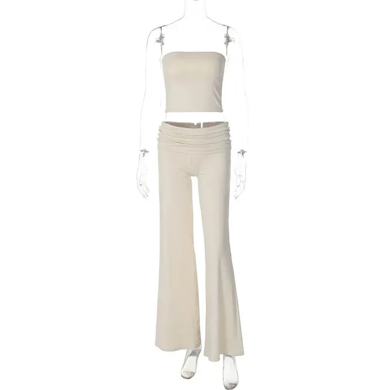 TAVIMART  -  Simple Casual Solid Slim Fit Trousers Set Sexy Spic Girl Backless Strapless Top High Waist Flared Pants Fashion Suit