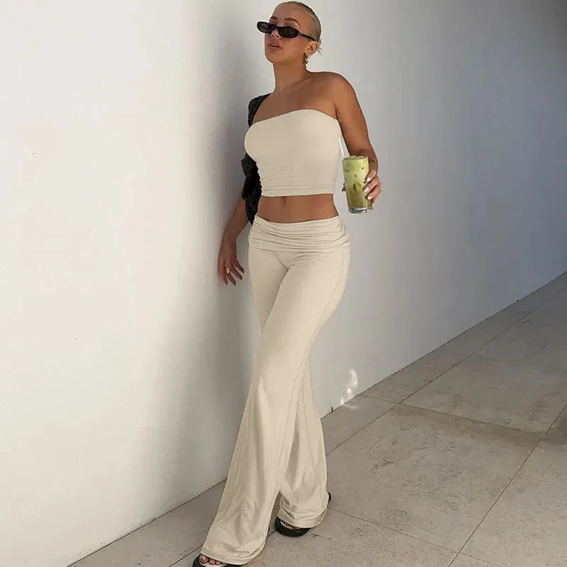 TAVIMART  -  Simple Casual Solid Slim Fit Trousers Set Sexy Spic Girl Backless Strapless Top High Waist Flared Pants Fashion Suit