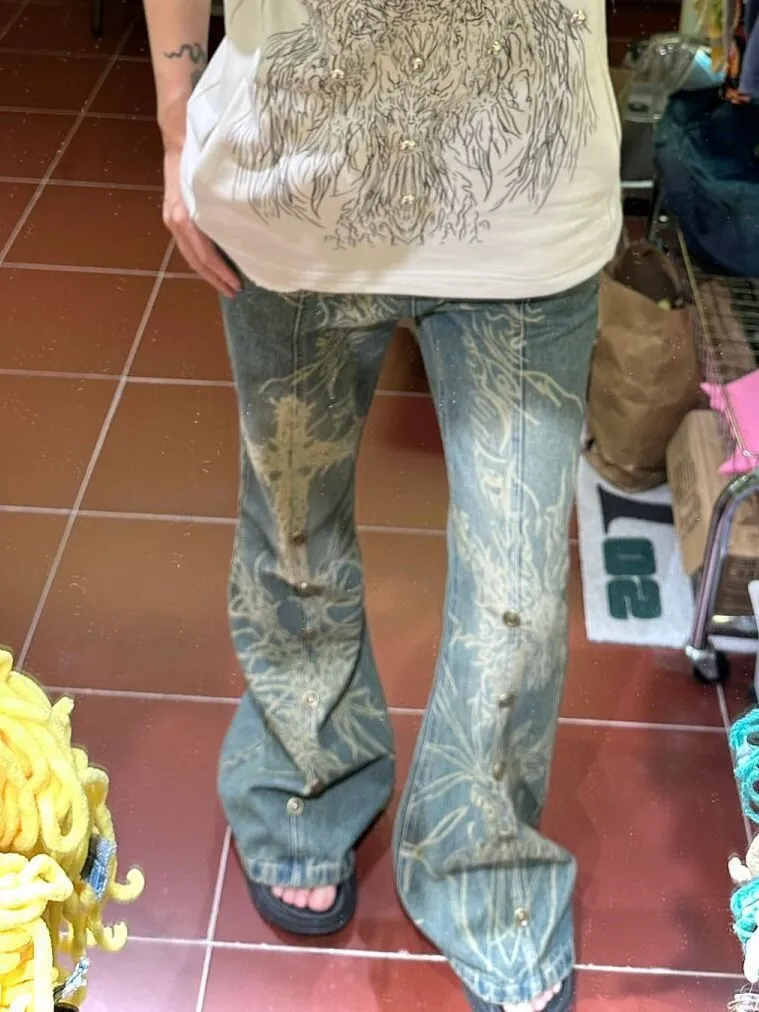 Toleet Autumn and Street Style American-Style plus Size Washed Distressed Tattoo Micro Flared Jeans Women's Hot Girl Beaded Straight Drop-down Long Pants