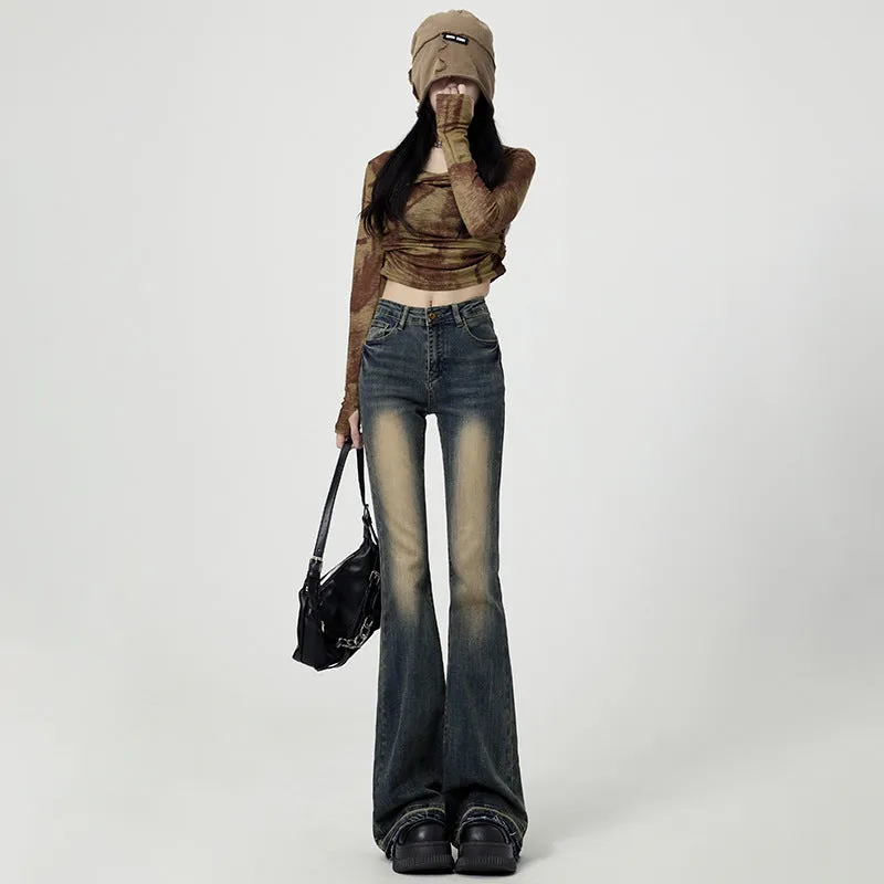 Uniwim 2000s fashion Vintage Washed Jeans Women's High Waist Skinny 2024 New Autumn American Style Frayed Flared Horseshoe Pants