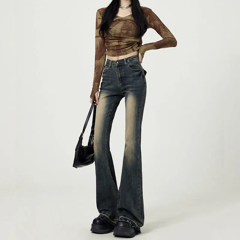 Uniwim 2000s fashion Vintage Washed Jeans Women's High Waist Skinny 2024 New Autumn American Style Frayed Flared Horseshoe Pants
