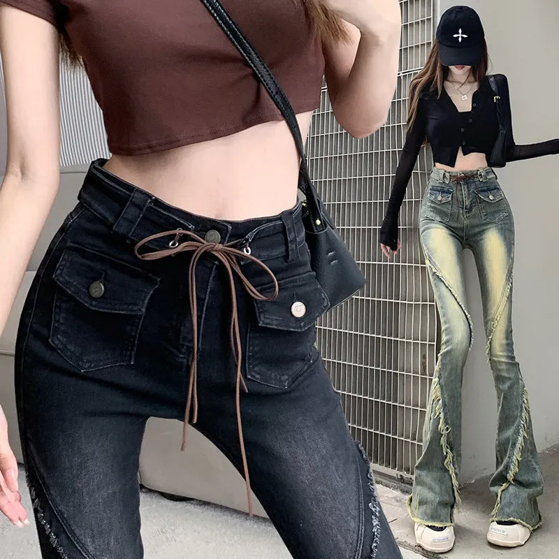 Uniwim concert outfit ideas American-Style Retro Frayed Lace-up Micro-Pull Denim Trousers Women's New Hot Girl High Waist Stretch Flared Pants
