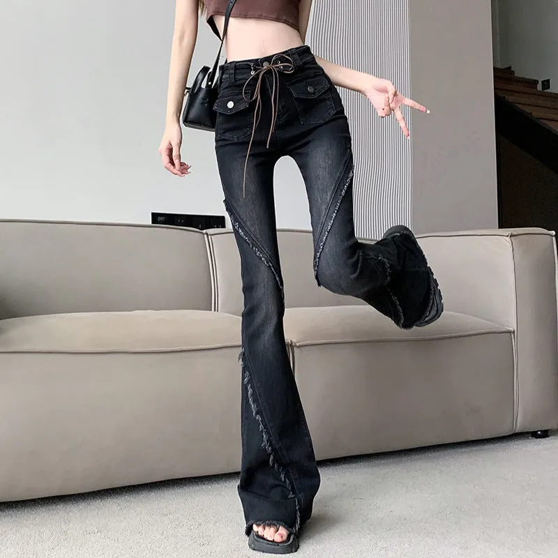Uniwim concert outfit ideas American-Style Retro Frayed Lace-up Micro-Pull Denim Trousers Women's New Hot Girl High Waist Stretch Flared Pants