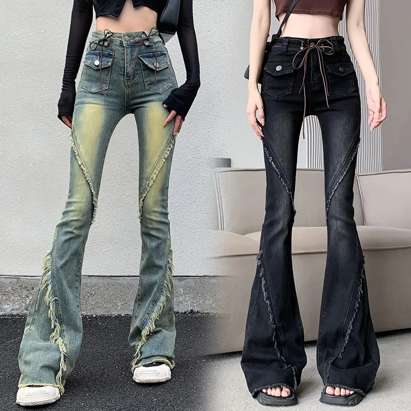 Uniwim concert outfit ideas American-Style Retro Frayed Lace-up Micro-Pull Denim Trousers Women's New Hot Girl High Waist Stretch Flared Pants