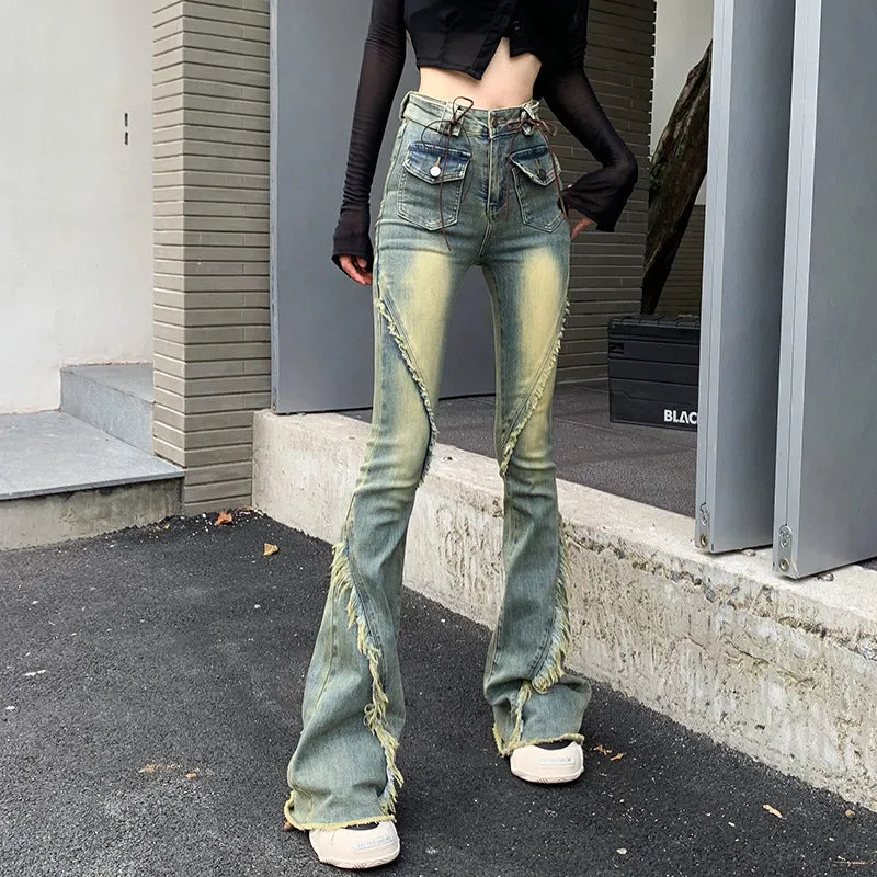 Uniwim concert outfit ideas American-Style Retro Frayed Lace-up Micro-Pull Denim Trousers Women's New Hot Girl High Waist Stretch Flared Pants