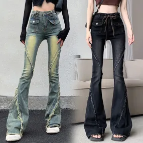 Uniwim concert outfit ideas American-Style Retro Frayed Lace-up Micro-Pull Denim Trousers Women's New Hot Girl High Waist Stretch Flared Pants