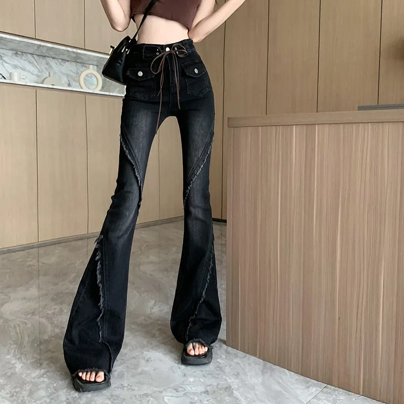 Uniwim concert outfit ideas American-Style Retro Frayed Lace-up Micro-Pull Denim Trousers Women's New Hot Girl High Waist Stretch Flared Pants