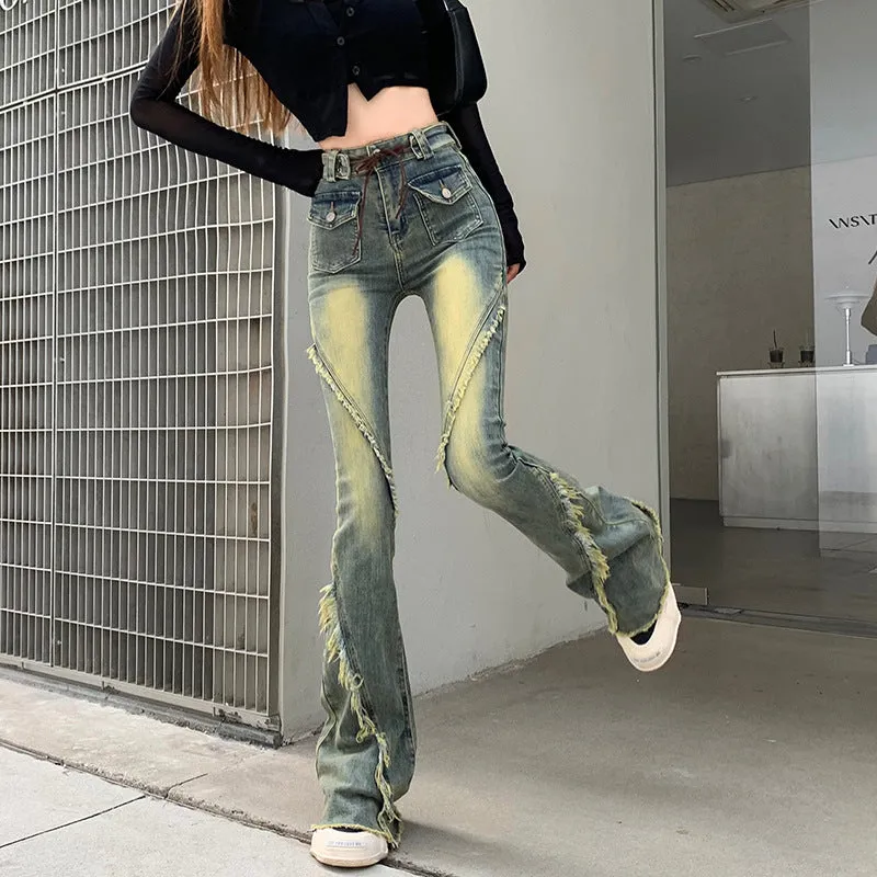 Uniwim concert outfit ideas American-Style Retro Frayed Lace-up Micro-Pull Denim Trousers Women's New Hot Girl High Waist Stretch Flared Pants
