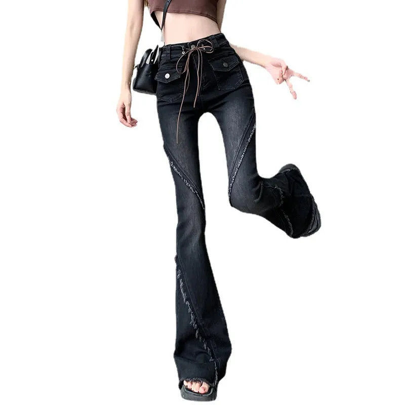 Uniwim concert outfit ideas American-Style Retro Frayed Lace-up Micro-Pull Denim Trousers Women's New Hot Girl High Waist Stretch Flared Pants