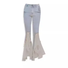 Uniwim mens fashion Light-Colored Mesh Stitching Split Skinny Jeans for Women Spring and Autumn 2024 New Elastic Slim Slimming Flared Pants