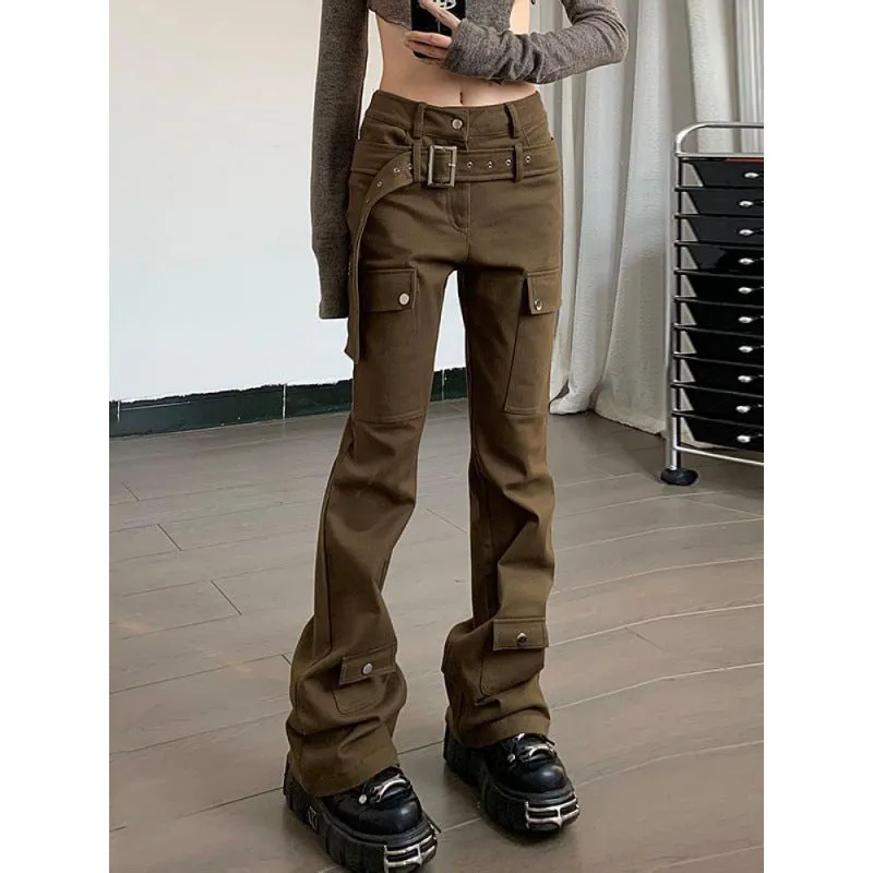 Uniwim teacher outfits American Street Vibe Brown Workwear Jeans Women's Autumn and Winter New Retro Design Belt Straight Casual Pants