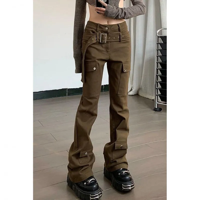 Uniwim teacher outfits American Street Vibe Brown Workwear Jeans Women's Autumn and Winter New Retro Design Belt Straight Casual Pants