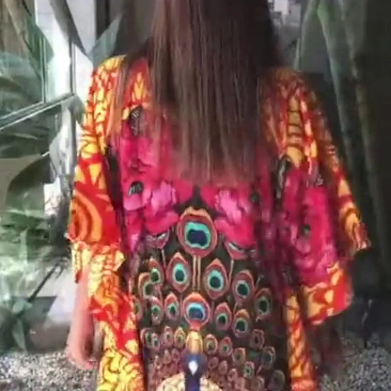 V-Neck Beach Dress With Peacock Print