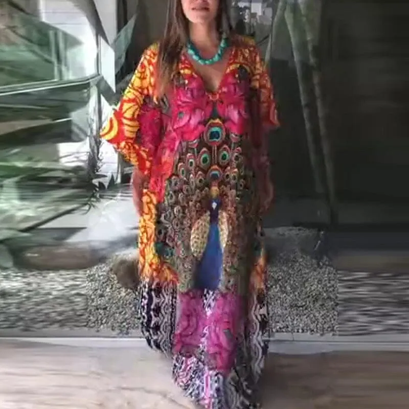 V-Neck Beach Dress With Peacock Print