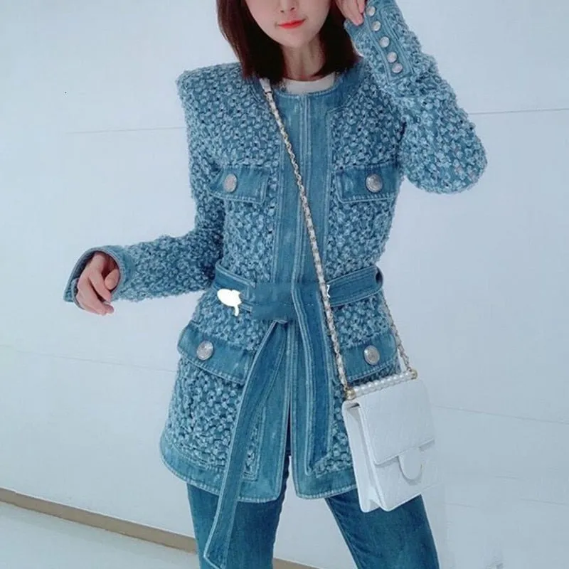 Vintage Blue Denim Jacket With Belt Waisted Ripped Hole Women Coat Spring Long Sleeve Pockets Streetwear