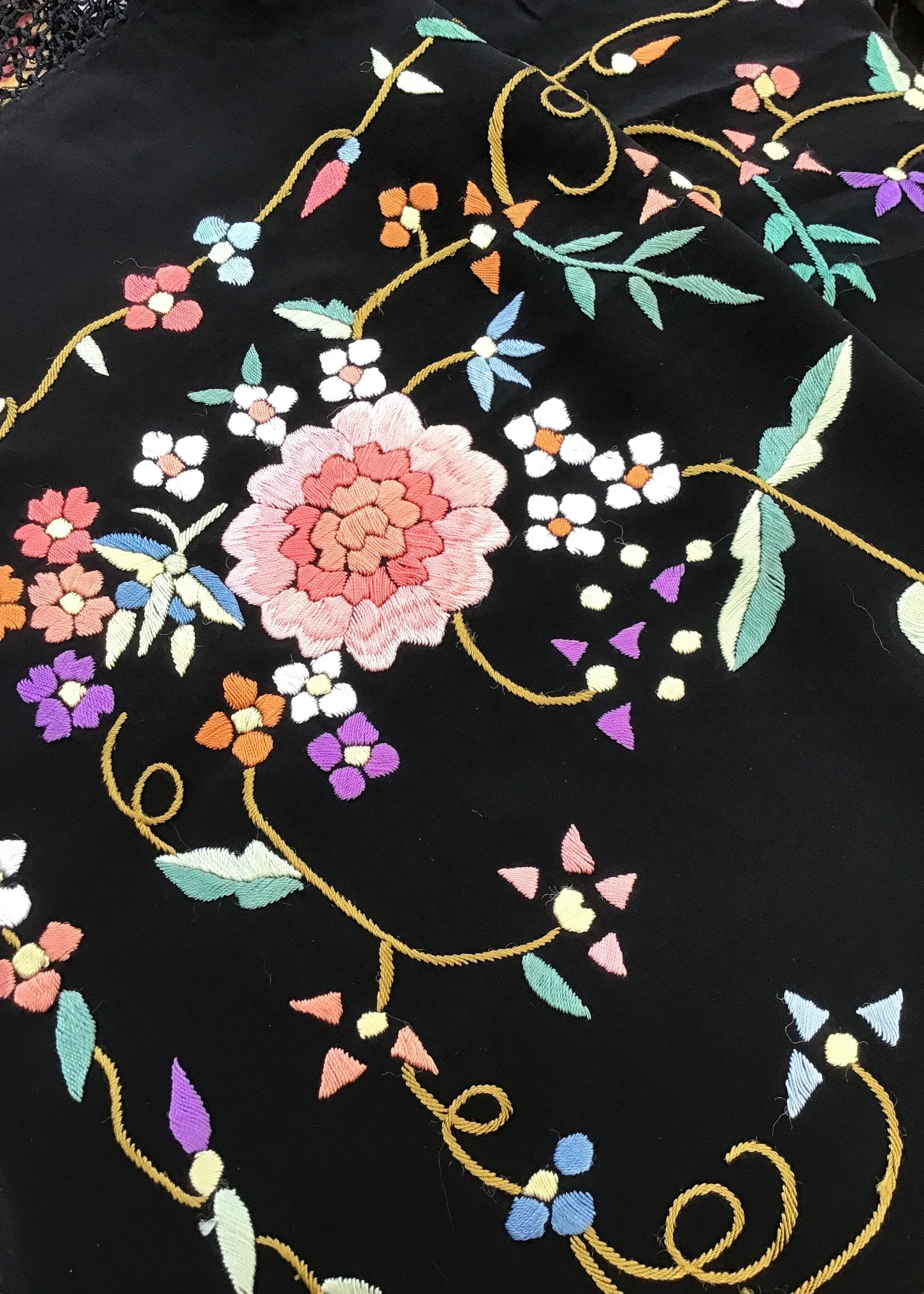 Vintage Embroidered Piano Shawl • Floral on Black • Deep Tied Fringe