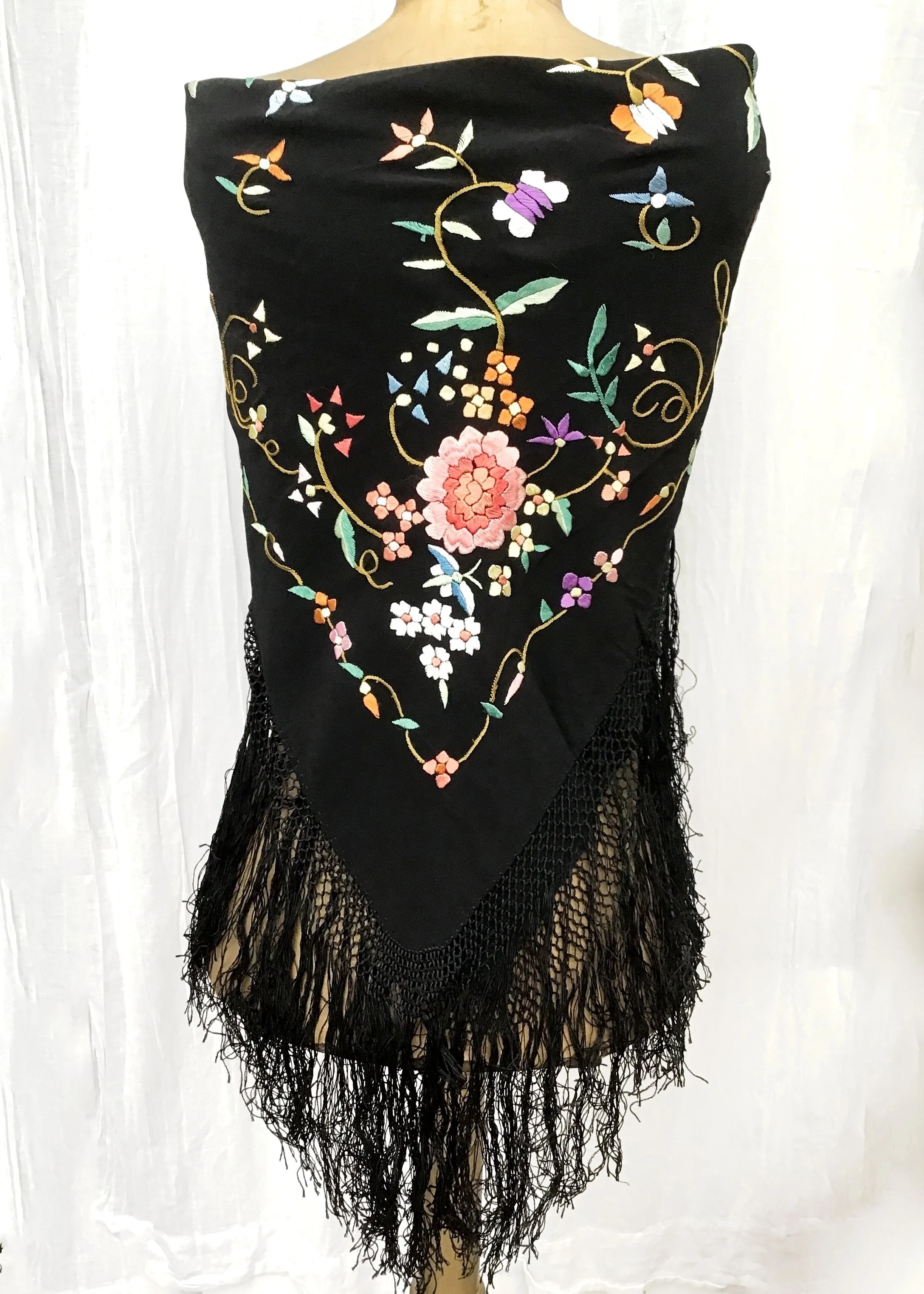 Vintage Embroidered Piano Shawl • Floral on Black • Deep Tied Fringe