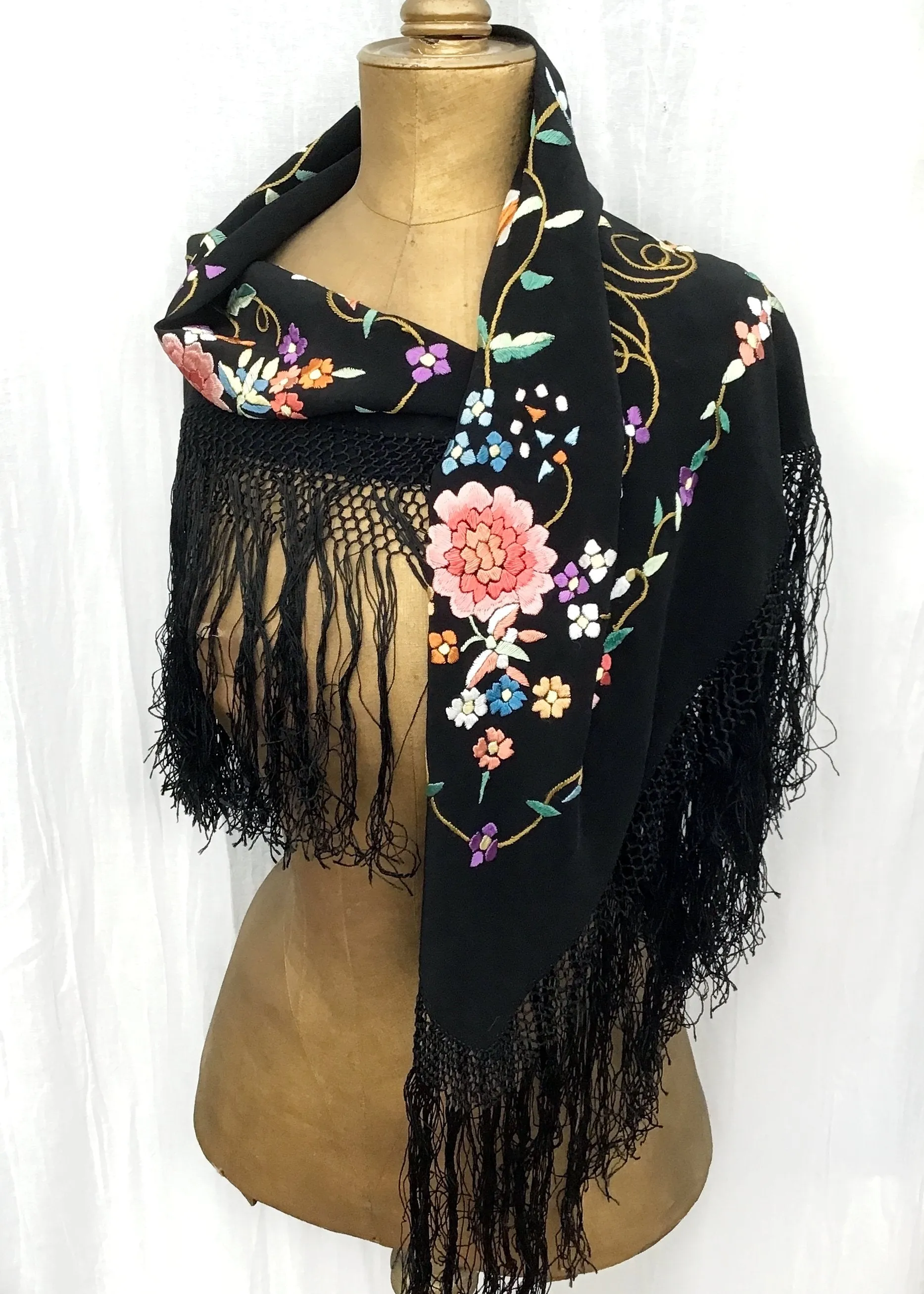 Vintage Embroidered Piano Shawl • Floral on Black • Deep Tied Fringe