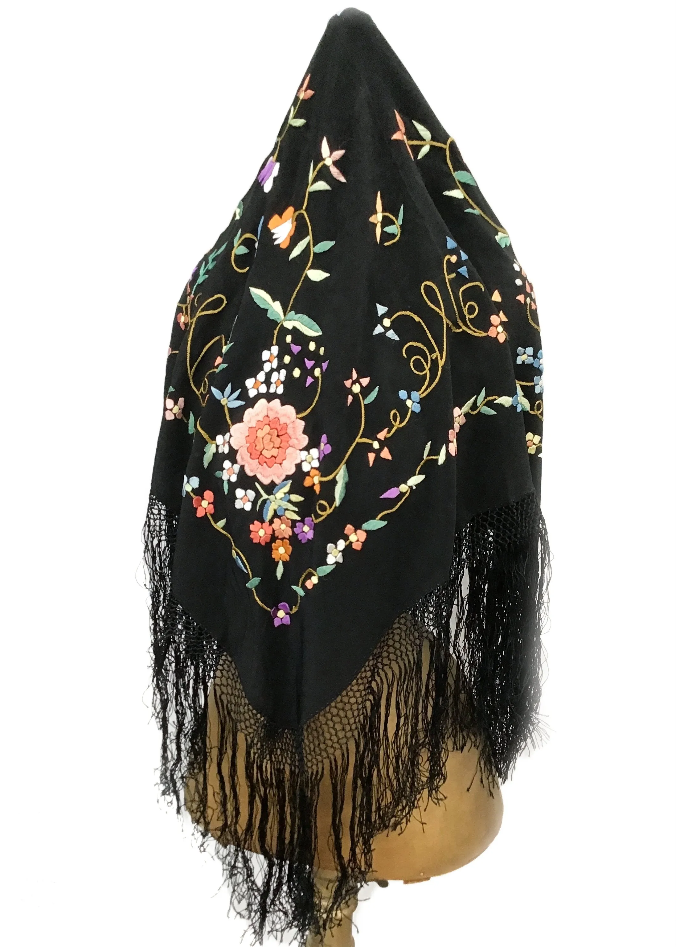 Vintage Embroidered Piano Shawl • Floral on Black • Deep Tied Fringe