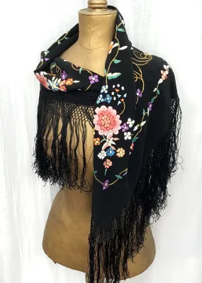 Vintage Embroidered Piano Shawl • Floral on Black • Deep Tied Fringe