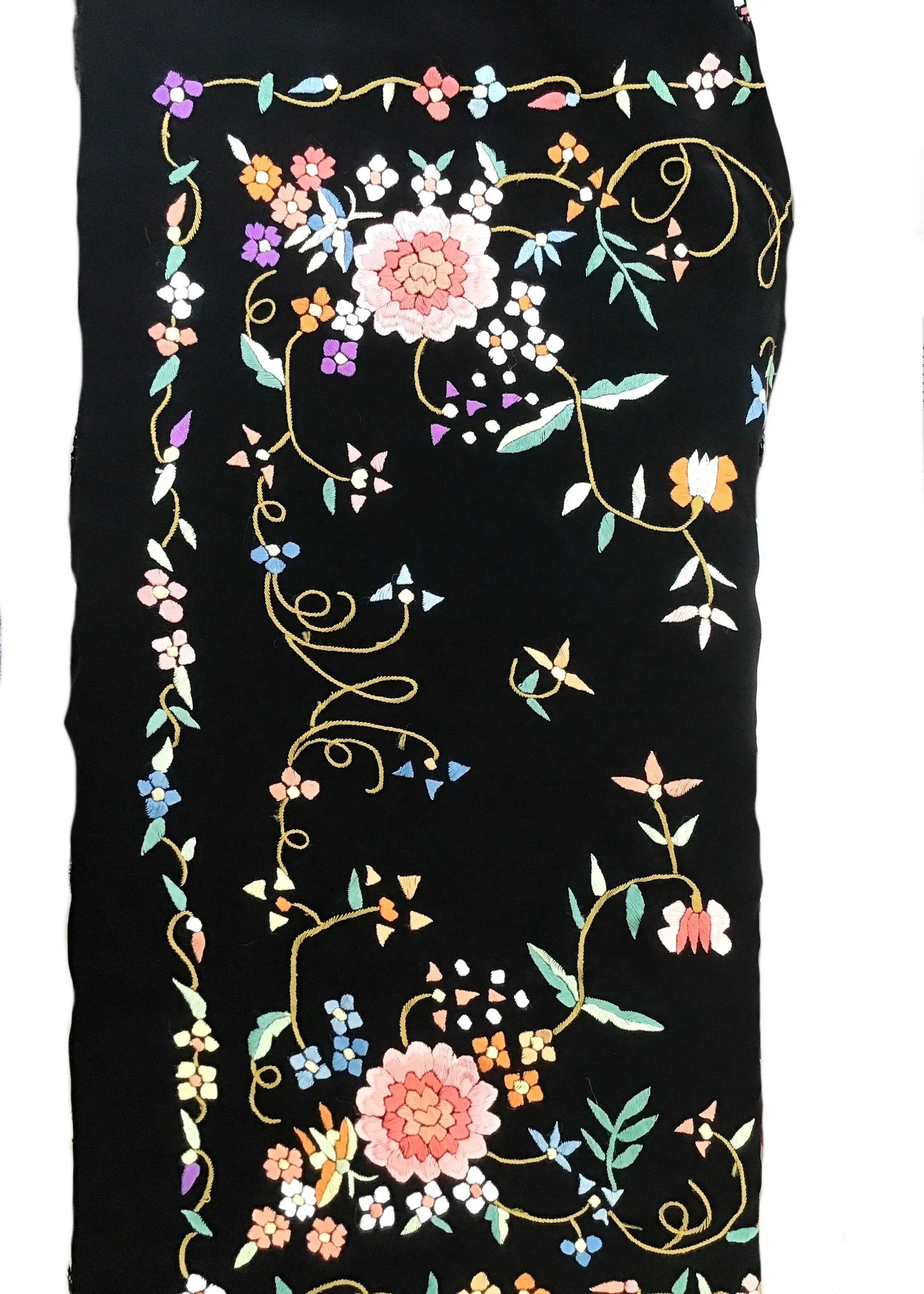 Vintage Embroidered Piano Shawl • Floral on Black • Deep Tied Fringe