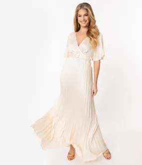 Vintage Style Champagne Pleated Maxi Dress