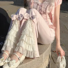 Voguable  Pink Sweet Lolita Style Pants Women Vintage Kawaii Bow Lace Ruffles Flared Pants Female Korean Elegant Casual Fairy Trousers