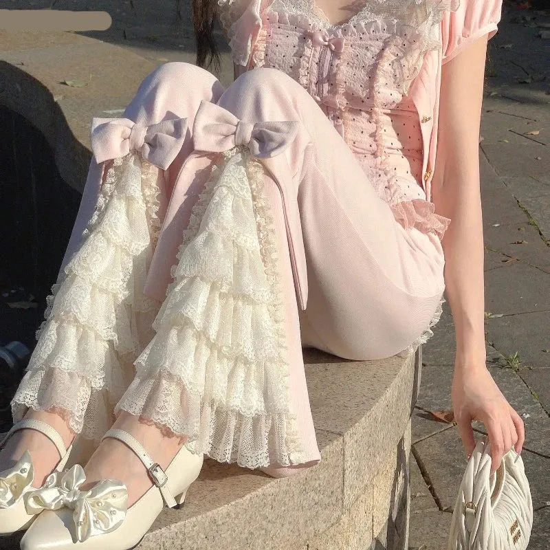 Voguable  Pink Sweet Lolita Style Pants Women Vintage Kawaii Bow Lace Ruffles Flared Pants Female Korean Elegant Casual Fairy Trousers