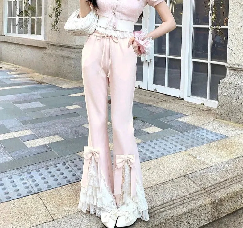 Voguable  Pink Sweet Lolita Style Pants Women Vintage Kawaii Bow Lace Ruffles Flared Pants Female Korean Elegant Casual Fairy Trousers