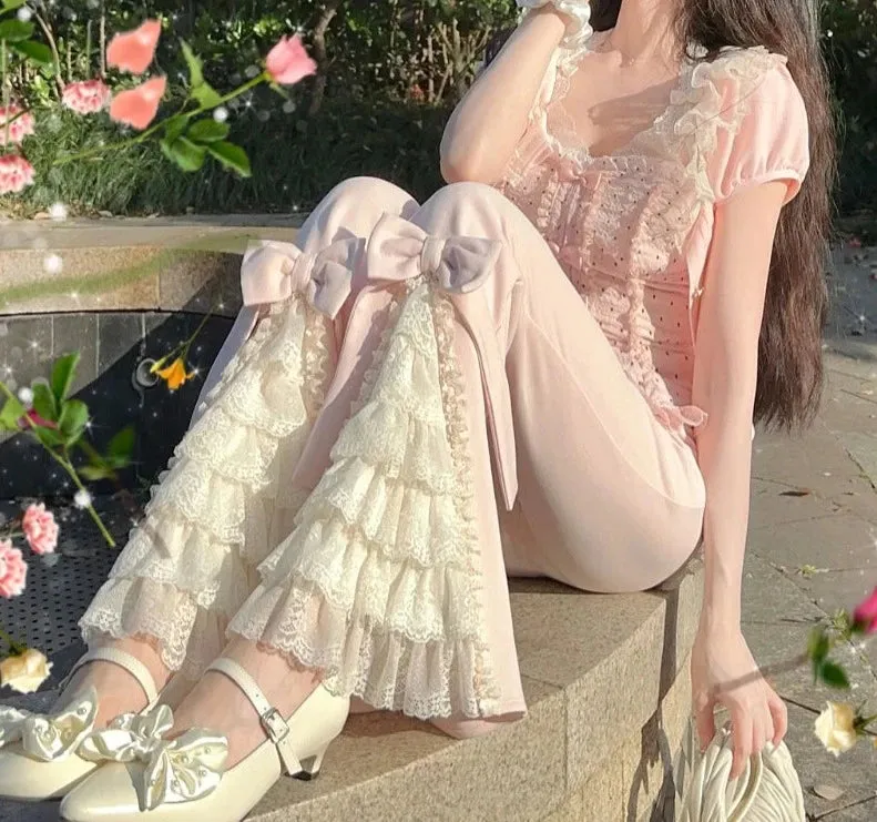 Voguable  Pink Sweet Lolita Style Pants Women Vintage Kawaii Bow Lace Ruffles Flared Pants Female Korean Elegant Casual Fairy Trousers