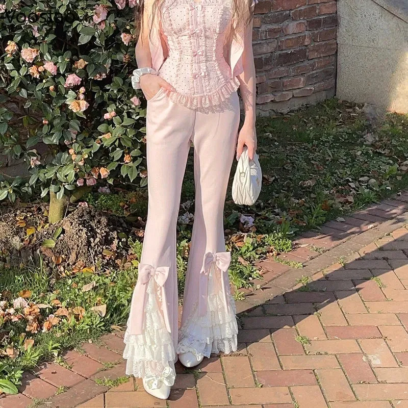 Voguable  Pink Sweet Lolita Style Pants Women Vintage Kawaii Bow Lace Ruffles Flared Pants Female Korean Elegant Casual Fairy Trousers
