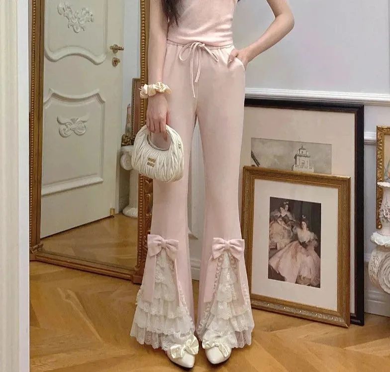 Voguable  Pink Sweet Lolita Style Pants Women Vintage Kawaii Bow Lace Ruffles Flared Pants Female Korean Elegant Casual Fairy Trousers