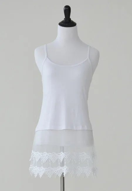 White Top Extender With Lace Boho Pointed Scalloped Lacey Trim Shirt Extension Adjustable Straps Cami Camisole Slip S M L Or XL