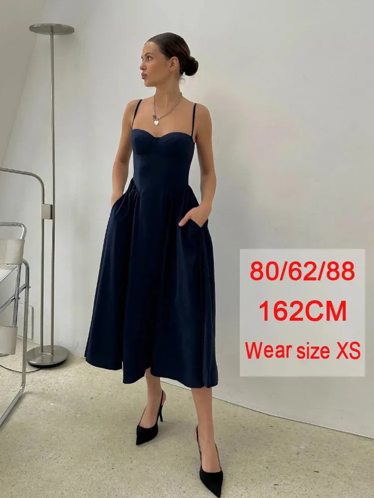 Wjczt Summer Elegant Midi A Line Dress Lovely V Neck Spagehetti Strap Holiday Party Dress Casual Women New Arrivals 2024