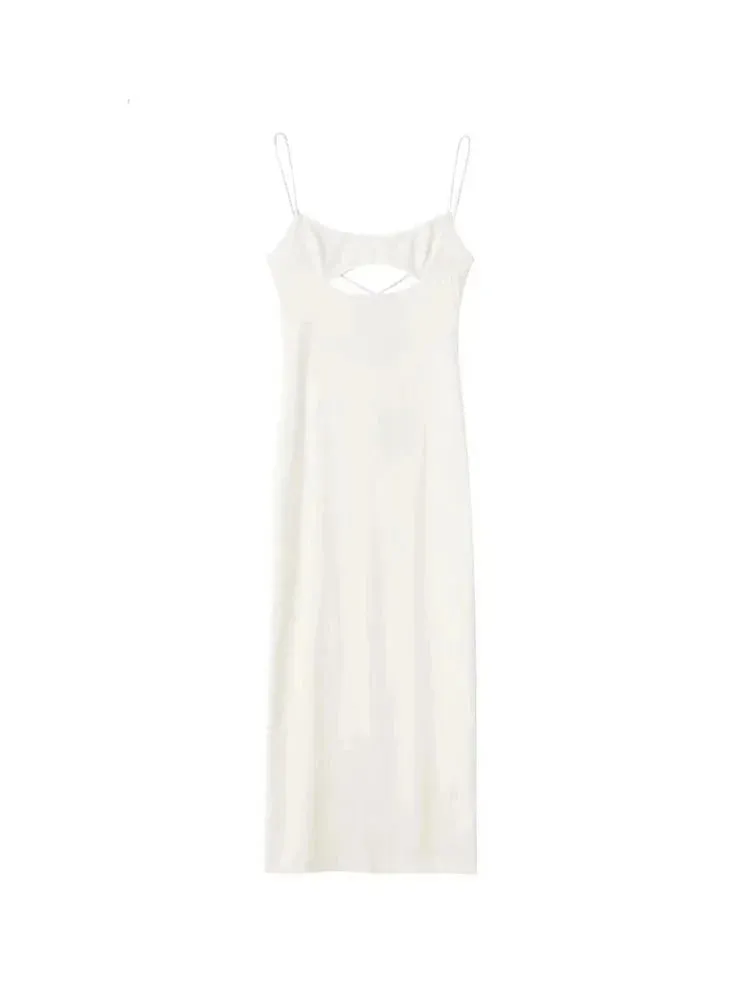 Women Backless Sling Dress Thin Straps Dresses Fashion Silk-Satin Solid Midi Dress Vintage Female Dresses Vestidos