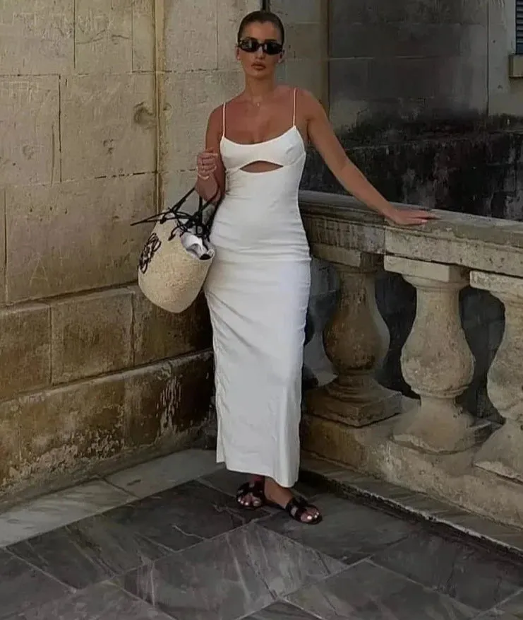 Women Backless Sling Dress Thin Straps Dresses Fashion Silk-Satin Solid Midi Dress Vintage Female Dresses Vestidos