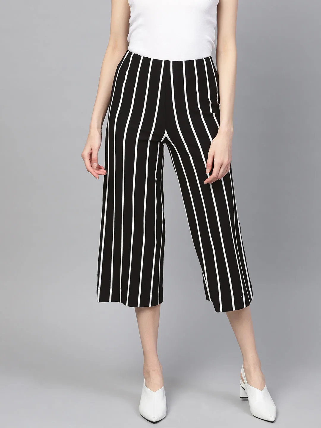 Women Black White Stripe Pants